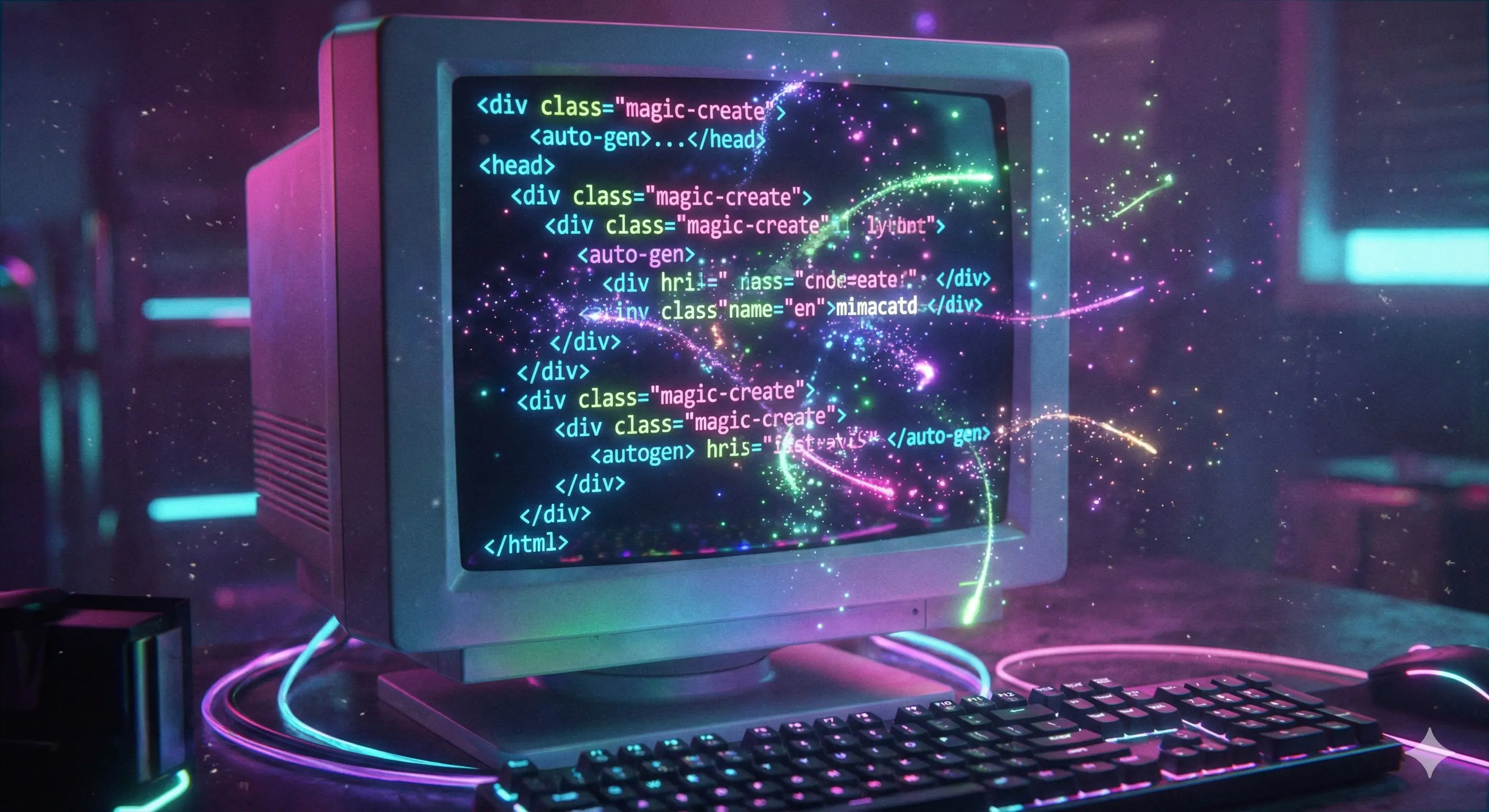 Retro computer screen displaying HTML code.